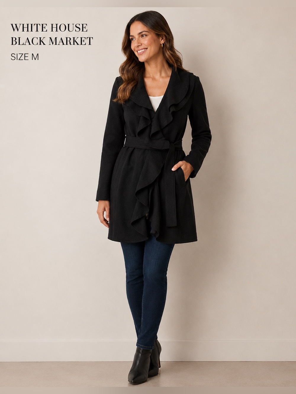 WHITE HOUSE -Black market Classic Black Trench Coat with Belted Waist/size M